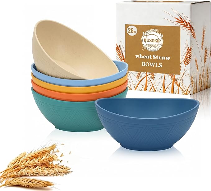 Wheat Straw Bowls 26oz, Unbreakable Ramen Bowl Set of 6, Oval Plastic Bowls for Salad, Pho, Cereal, Microwave & Dishwasher Safe Soup Bowl for Kitchen, Camping, RV, Party - Multi