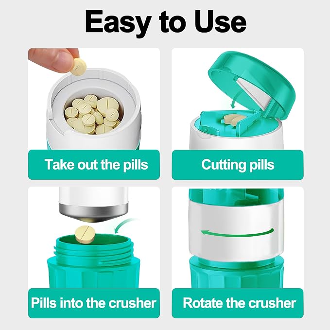 DUBSTAR 3-in-1 Pill Crusher Fine Powder Pill Grinder Pill Cutter Green | Pill Crushers for Elderly and Pet with Pill Storage and Brush, Pill Splitter for Small or Large Pills