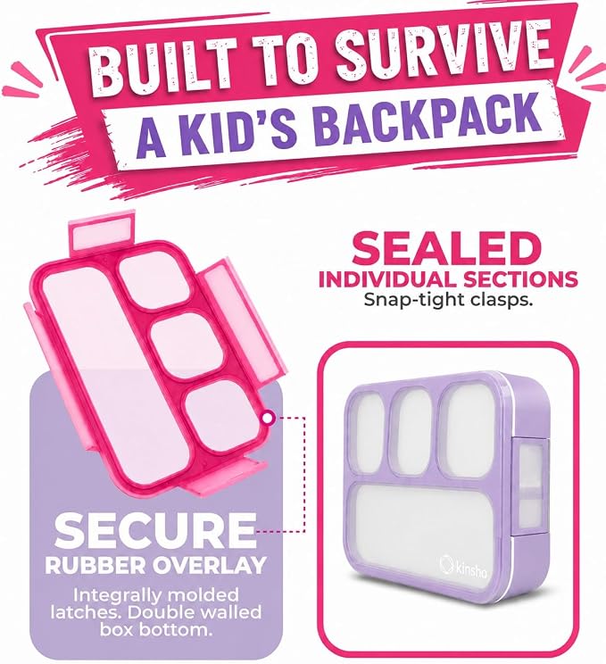 kinsho Bento Box Lunch Boxes for Kids Adults with Utensils, Pink & Purple | Meal & Snack Containers with 4 Divided Portion Compartments, Leak Proof School Work Travel Toddler Daycare BPA Free