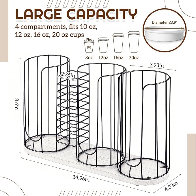 18oz Adjustable Coffee Cup Dispenser with Wooden Base, Cup and Lid Holder, Cups Holder Organizer for Coffee Pod Straw and Lid Storage(4-compartment Single,Color 3)