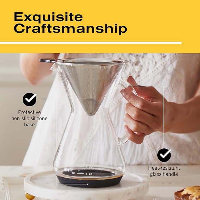 Bean Envy Pour Over Coffee Maker - Glass Dripper with Steel Filter 20 Oz | Dishwasher Safe, Borosilicate Carafe, Reusable Stainless Mesh, Non-Toxic, Silicone Base, Manual Drip Brewer