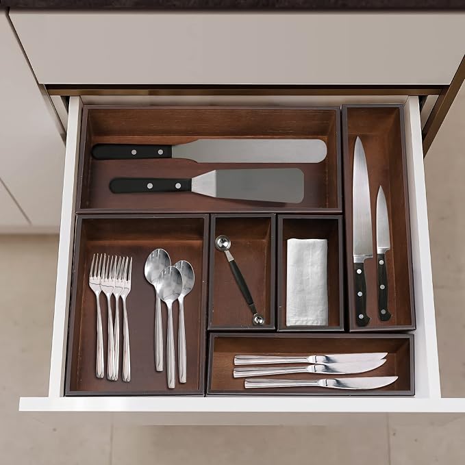 PRATIQUE Bamboo Drawer Organizer - Kitchen Utensil Organizer Silverware Tray Cutlery Holder，Office Desk Supplies and Accessories,12 * 3 * 2.6inch,Nut-brown