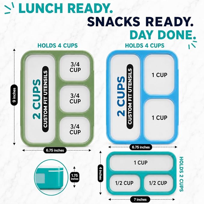 kinsho Bento-Box Lunch and Snack Boxes. Family Pack of 4 Meal Planning Portion Containers for Kids, Women, Adults. BPA Free. Utensils, Blue & Green Set (2 Large + 2 Small)