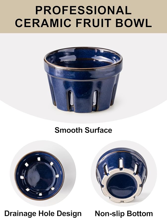 Gomakren Ceramic Berry Bowls with Holes Set of 2 for Fridge, Cobalt Blue | Drain holes keep fruits fresh, stackable, wash & serve, round strawberry basket for fridge kitchen counter, lovely home gift