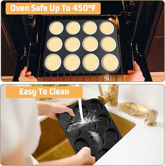 E-far 12-Cavity Muffin Top Pan, 3 Inch Nonstick Shallow Cupcake Pan for Yorkshire Pudding, Eggs, Whoopie Pie, Cornbread, Easy Release & Clean, Standard Size, 2 Pack
