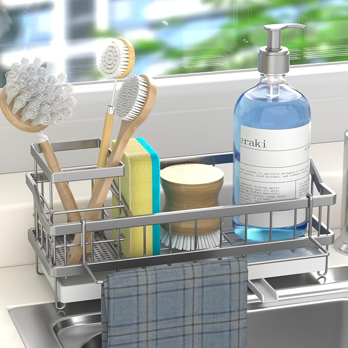 Sponge Holder for Kitchen Sink - Countertop Rustproof Stainless Steel, Sink Caddy, Kitchen Gadgets Accessories (Silver)