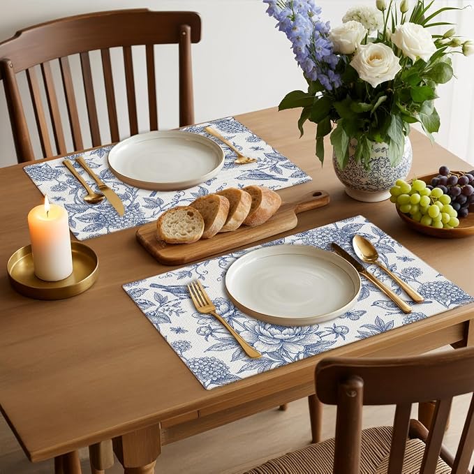 Hydrangea Flower Branches Chinoiserie Spring Placemats Set of 4 Party Decor | Blue White Vintage Floral Bird Table Mats for Party Kitchen Dining Decoration, Washable Non-Slip Heat Resistant Place Mats