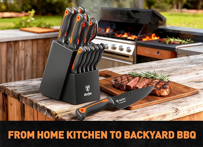 Knife Block Set, 15 PCS Dishwasher Safe Kitchen Knife Set, Non-slip | Razor-Sharp knives set with sharpener, High Carbon Stainless Steel, Ergonomic Handle, Elegant Box for Her Him Women