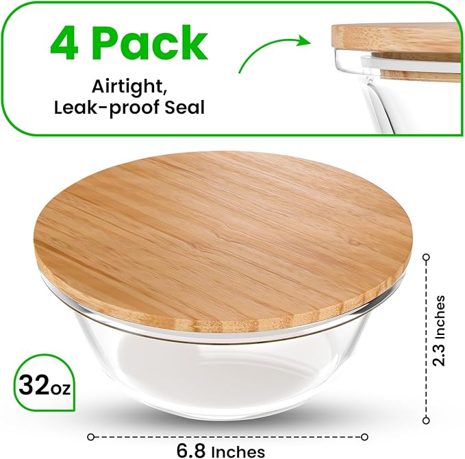 Verel Glass Food Storage Containers with Bamboo Lids (4 Pack, 36 Ounce) Eco Friendly Meal Prep Containers Airtight – Plastic Free, BPA Free (32 oz Round (4 Pack))