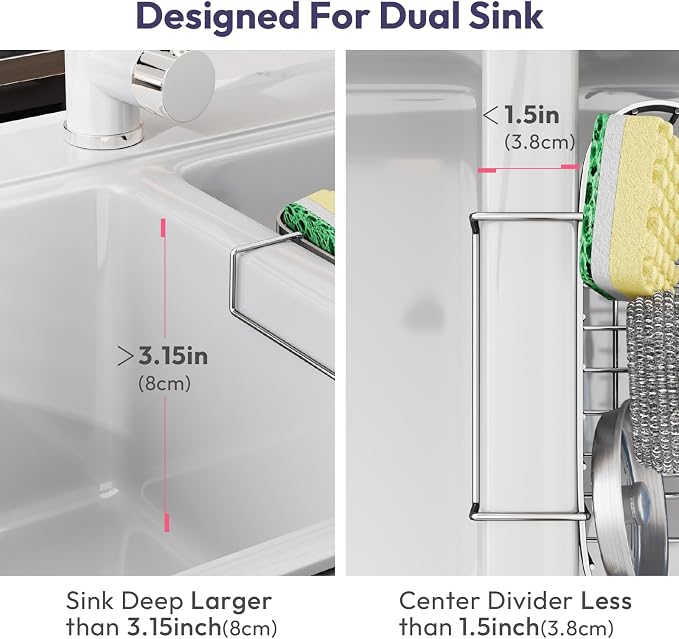 SWTYMIKI Sponge Holder for Kitchen Sink - Movable Kitchen Sink Caddy with M Shape Hook Stainless Steel Hanging Sponges Caddy Organizer in Double Bowl Sinks Depth>3.15in, Middle divider<1.5in, Silver L