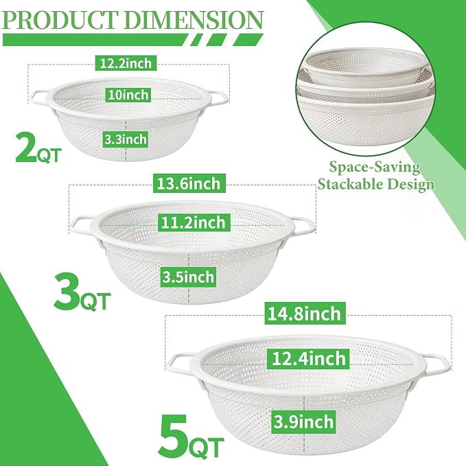 White Stainless Steel Colander Set of 3, Micro-Perforated Metal Kitchen Strainer Set with Handles & Feet for Draining Pasta, Rice, Vegetables - Heavy Duty Decorative Colanders (2, 3, 5 Quart)