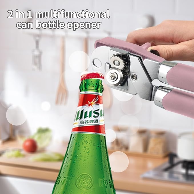 Safring Can Opener Manual, Handheld Strong Heavy Duty Stainless Steel Can Opener, Comfortable Handle, Sharp Blade Smooth Edge, Can Openers with Multifunctional Bottle Opener, Pink