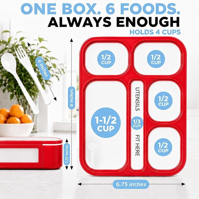 kinsho Bento Box Kids Lunch-Box, Snack Containers for Toddler Daycare, Leakproof School Bentobox 6 Compartment Container for Boys Girls Adults Lunches, Utensils, Red