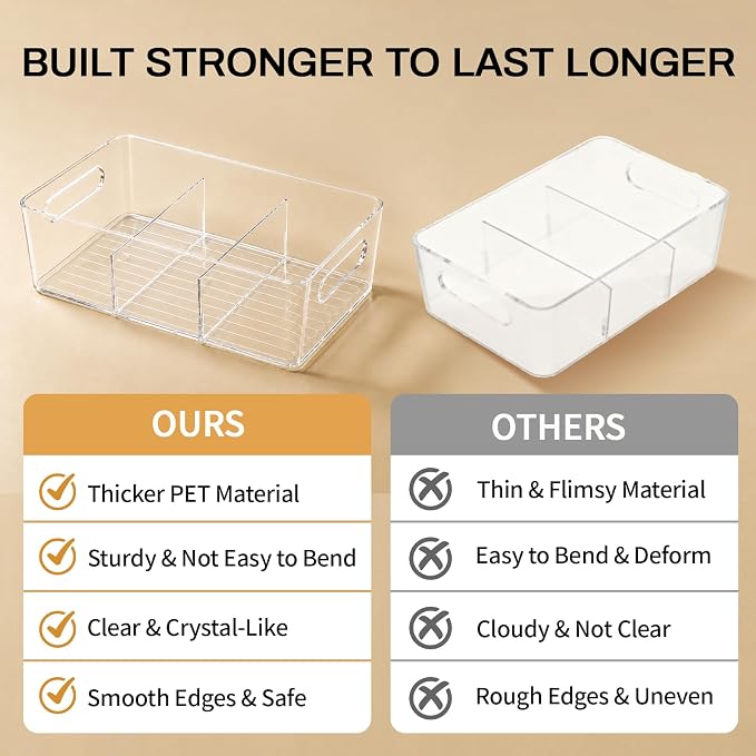 Mpotmiy 8-Pack Pantry Organizers and Storage, Clear Fridge Organizer Bins | Clear stackable plastic bins with removable dividers for packets, snacks, pouches and spices in pantry, fridge or freezer.