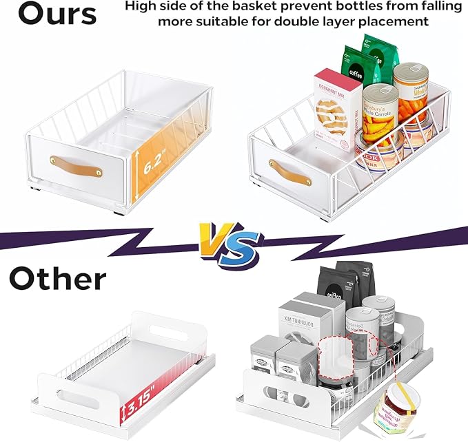 2Pack Pull out Cabinet Organizer,Heavy Duty Slide out Pantry Shelves Drawer Storage with Adhesive Nano Film,Sliding Mesh Basket with Handle for Kitchen, Bathroom, Home, 11.8W" X 15.7"D X 6.2"H,White