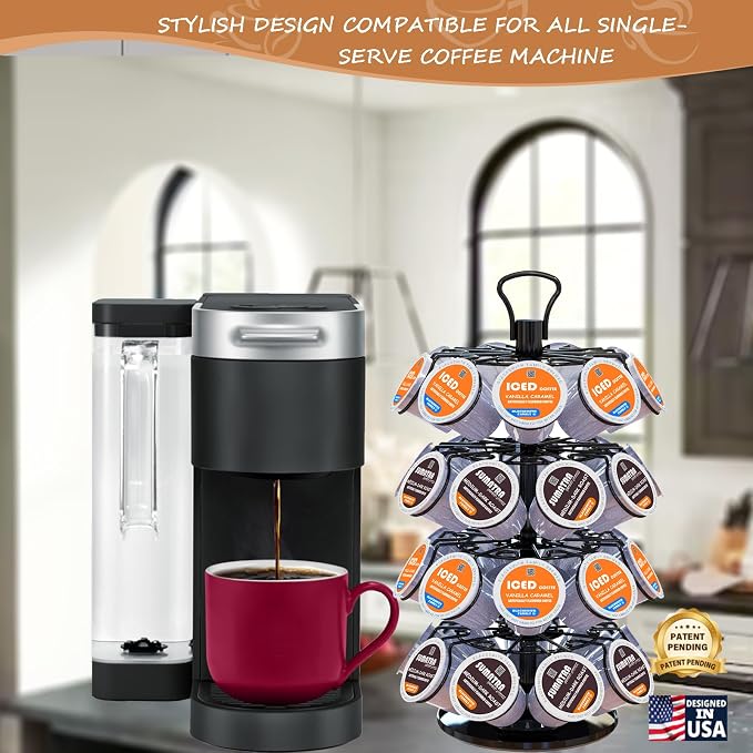 K Cup Holder,4-Tier Coffee Pod Holder Storage Organizer Stand,Holds 36 Pods | K Cup Carousel, 360°Rotating K Cup Organizer, Space-Saving for Countertop, K Cups Holder Easy Assembly, Glossy Black Finish