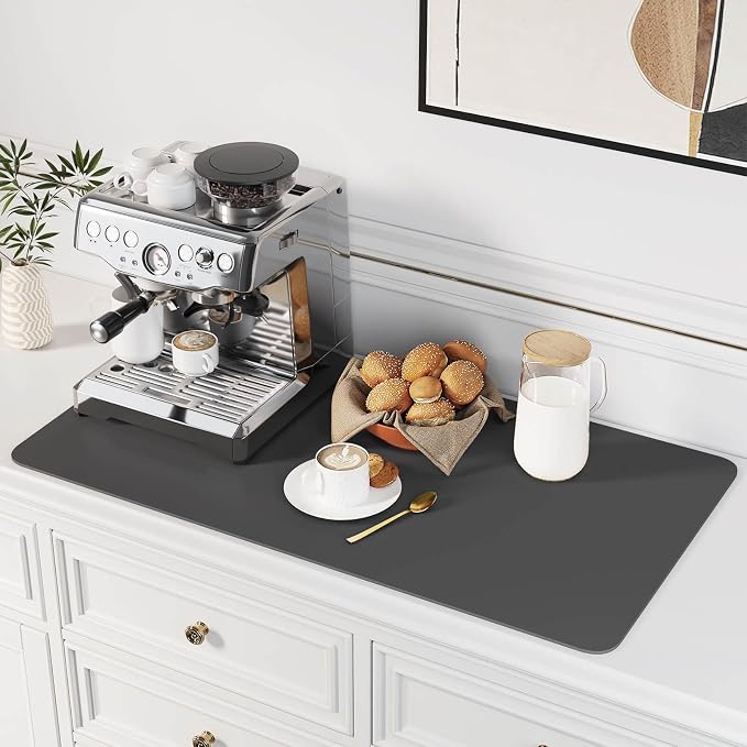DK177 Coffee Mat - Dish Drying Mat for Kitchen Counter, Hide Stain, Absorbent with Waterproof Rubber Backing, Fit Kitchen Dish Rack Bar Accessories (Dark Gray, 31.5" x 17")