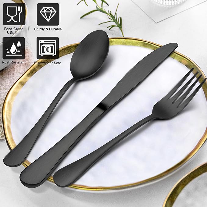 LIANYU 60 Piece Matte Black Silverware Set, Satin Finish Cutlery Set for 12 | Stainless Steel Black Flatware Set, Fancy Kitchen Utensil Tableware for Home Restaurant Party, Dishwasher Safe