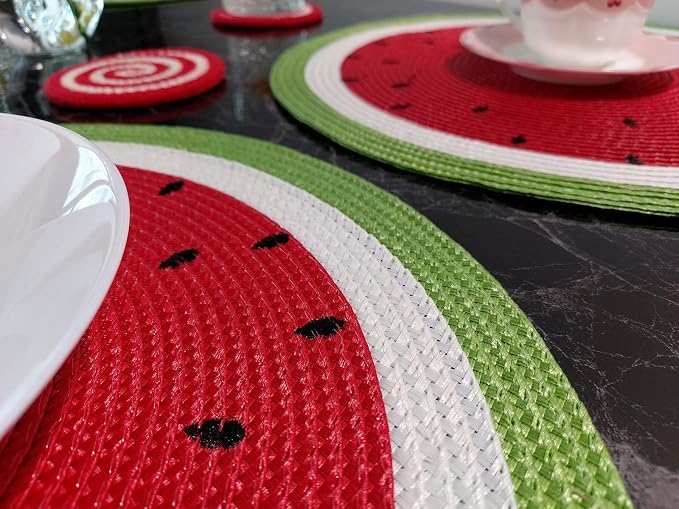 Zupro Round Watermelon Placemats Set of 4 Braided 15" Indoor Outdoor Usage | Embroidery Motif Heat Resistant Non-Slip Washable,for Kitchen Dining Tables Dinner Parties holiday and Everyday Use