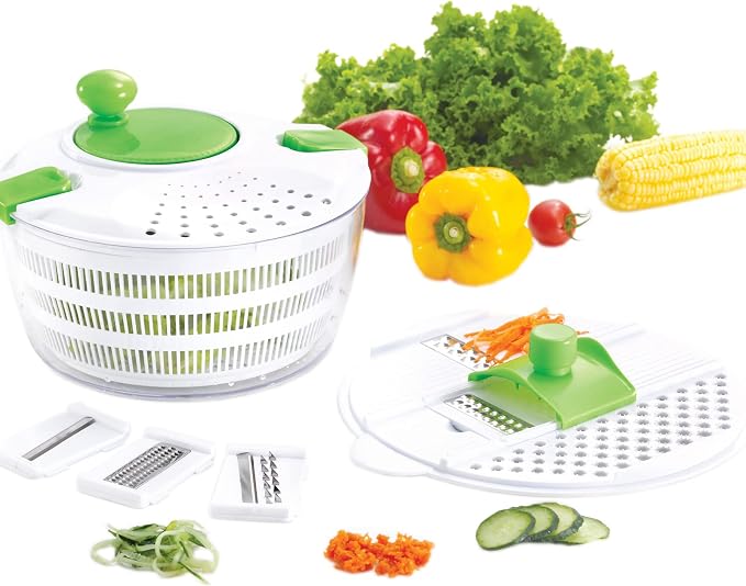 HUJI Salad Spinner and Mandoline Multifunctional Set, Vegetable Dryer With 6 Blades and Pouring Spout - 4L (2PK)