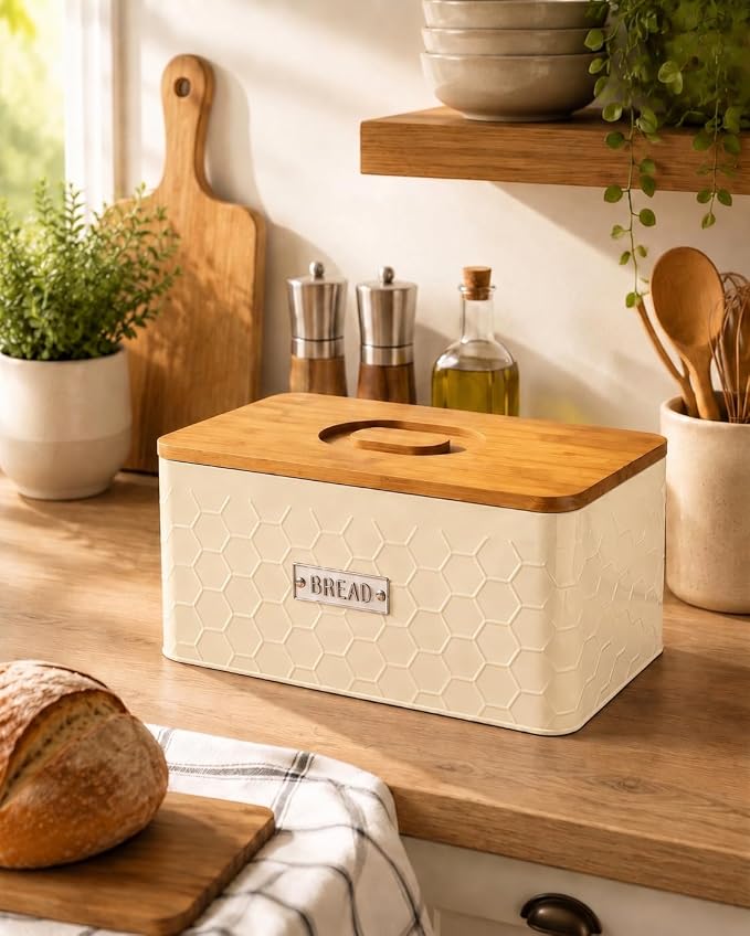 Bread Box for Countertop, Small Cream White Metal Bin, Bamboo Lid | Small farmhouse bread storage container and bread bin with cutting board lid for homemade bread and baked goods organization.