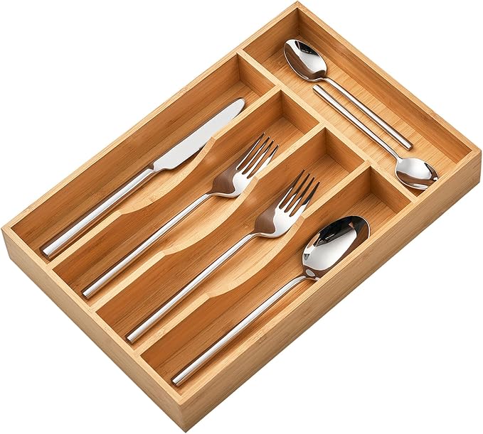 Bamboo Kitchen Drawer Organizer, 8.25 Inch Silverware Utensils Tray Holder for Small Drawer, Wood Caddy for Flatware Cutlery Knives