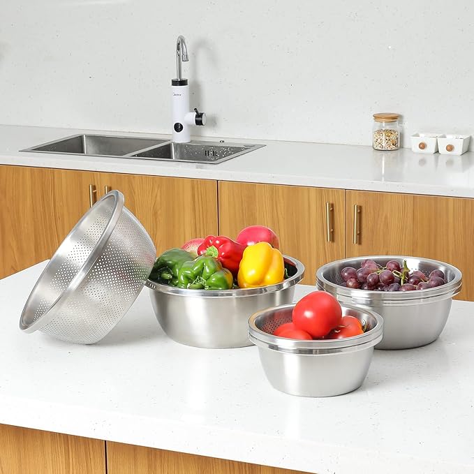 Paoli 304 Stainless Steel Fine Mesh Colander Set, 4.5QT Large Capacity Strainer with Mixing Bowl — Rinse Fruits, Veggies, Rice & Drain Pasta, Dishwasher Safe (2-Piece)
