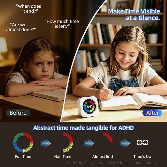 Visual Timer for Kids, 99 Min Countdown Timer for ADHD, Classroom, Focus | Visual Progress Bar, Count Up Timer, 4 Alert Modes, Adjustable Brightness for Homeschool, Study, Productivity & Kitchen