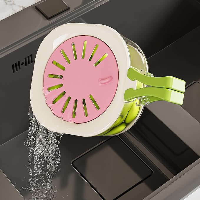Fruit Berry Washing Bowl with Strainer, Fruit Vegetable Lettuce Keeper Storage Containers with Foldable Handle, Portable Strainers and Colander for Kitchen Fridge Picnic Outdoor (Pink)