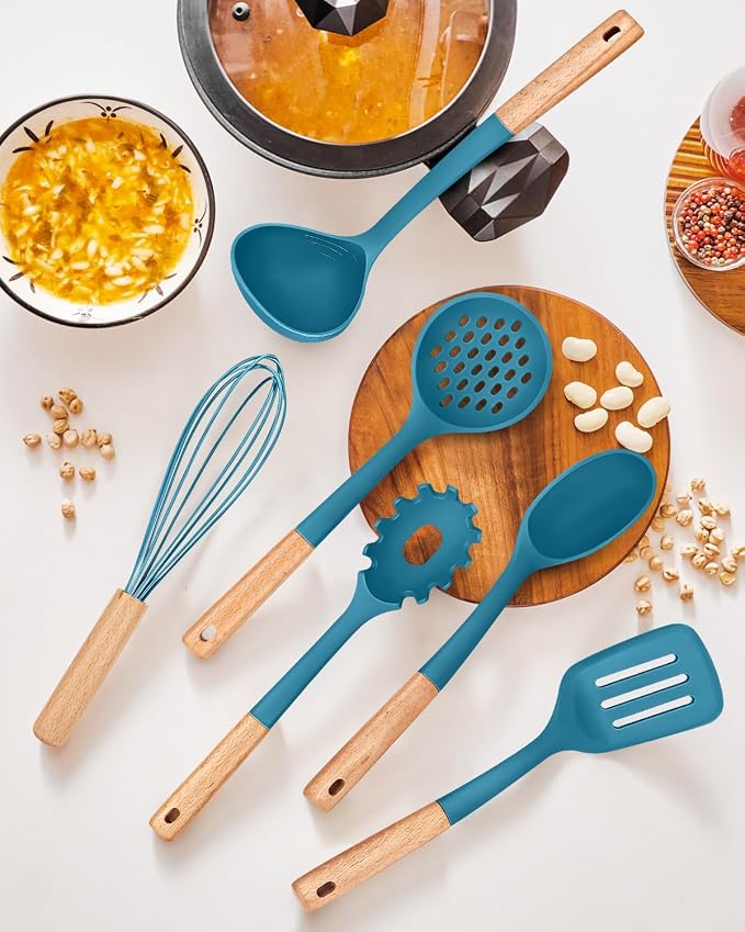 13PCS Silicone Kitchen Utensils Set for Nonstick Cookware, Blue | Food Grade, Heat Resistant Kitchen Utensil Spatula Set, Wooden Handles Kitchen Gadgets Tools Set