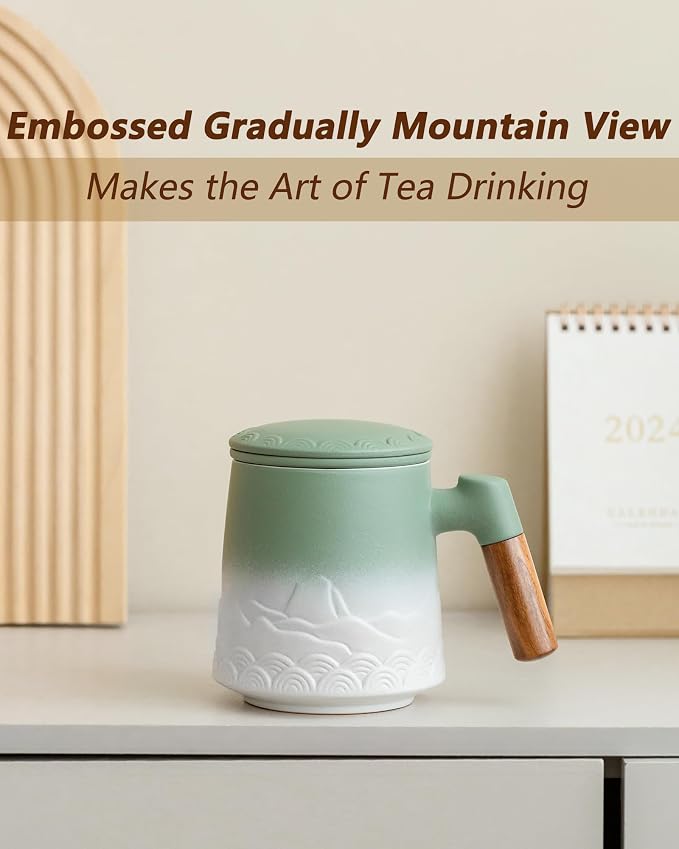 ZENS Tea Mug with Infuser and Lid for Loose Leaf Tea Diffusers, 16.9oz | Embossed Ceramic Tea Cup with Infuser, Tea Steeper for Loose Tea Lovers Gifts, Wood Handle, Moss White