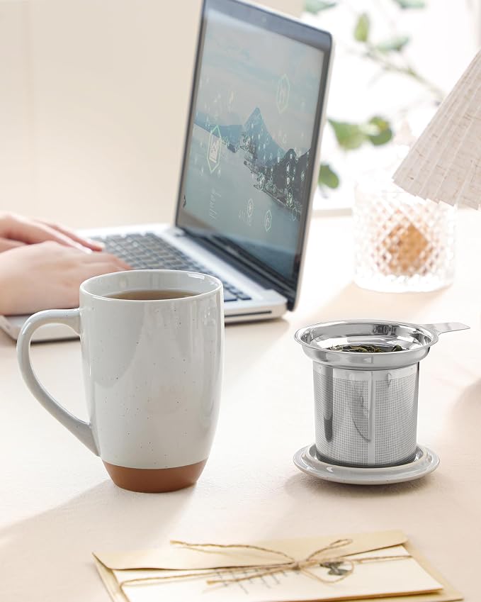 MALACASA Ceramic Tea Mug with Lid and Stainless Steel Infuser, 18 oz Large Tea Cup for Loose Leaf Tea, Heat-Resistant, Microwave & Dishwasher Safe, Speckled Glaze Coffee & Tea Brewer Mug, Khaki Gray