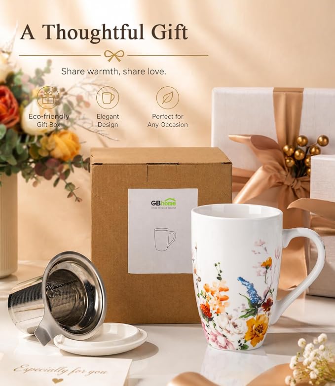 GBhome Tea Mug with Infuser and Lid, 18 Ounce Large Ceramic Loose Leaf Tea Cup, Microwave, Dishwasher Safe Tea Steeping Mug, Pefect Gift For Tea Lover. | Lead-Free Glaze For Tea Lovers,Microwave & Dishwasher Safe with Tea Strainer