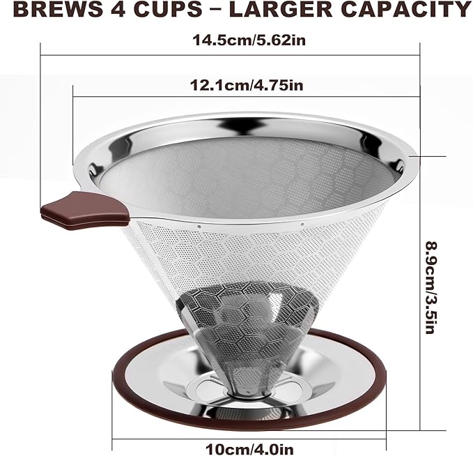 Pour Over Coffee Dripper, Roogaluckeep Stainless Steel Reusable Filter | 600 mesh metal strainer, paperless design, 1-4 cup brewing, no paper filters needed, easy to clean, compact for daily use