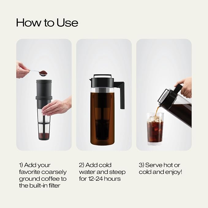 Takeya Deluxe Cold Brew Coffee Maker - BPA-Free Tritan Pitcher with Airtight Leakproof Lid, Silicone Grip Handle, Fine-Mesh Filter - Shatter-Proof, Dishwasher Safe, Made in USA - 2 Quart/Black