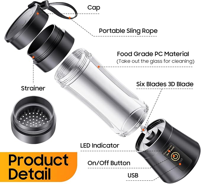 Portable Blender Personal Size Blender Make Smoothies, 12oz Mini Travel Cup | BPA-Free Small Blender with High Blending Speed, 6 Steel Blades, Easy Clean, Freshly Squeezed in Sports/Office/Gym