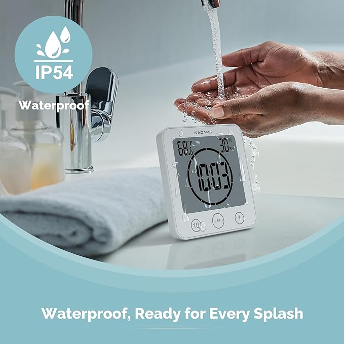 KADAMS Shower Clock Waterproof Bathroom Timer – Digital Wall Clock with Countdown, Magnetic Kitchen Clock with Temperature & Humidity, Suction Cup for Kids Shower Spa Sauna Cook Bath, White