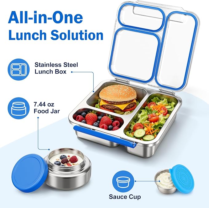 Pawtong Stainless Steel Bento Box Kids Adult with 7oz Insulated Food Jar, Transparent Lid Metal Lunch Box With Soup Thermal Jar, Lunch Box Container with Removable Divider & Sauce Cup School (Blue)