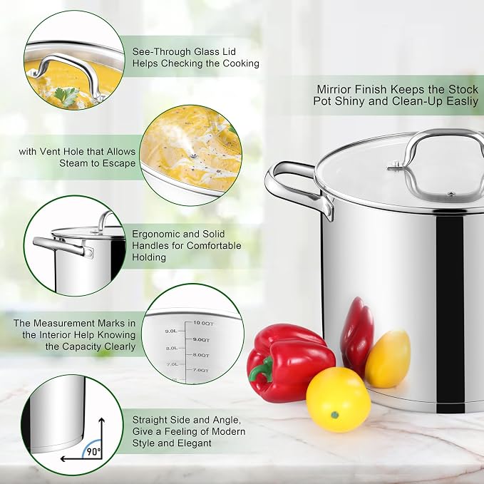 TeamFar 10QT Stock Pot, Stainless Steel Large Soup Cooking Pot & Lid | Tri-ply Bottom for Cooking/Boiling/Stewing, Induction/Gas/Ceramic, Healthy & Heavy-Duty, Riveted Handles & Dishwasher Safe