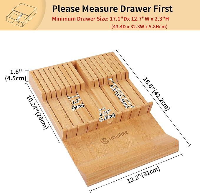 Utoplike In-drawer Knife Block Bamboo Kitchen Knives Drawer Organizer Large | Holder Storage for Steak, Paring, Bread Knives, Holds Up to 16 Knife & 1 Sharpening Steel (Knives & Sharpening Not Included)