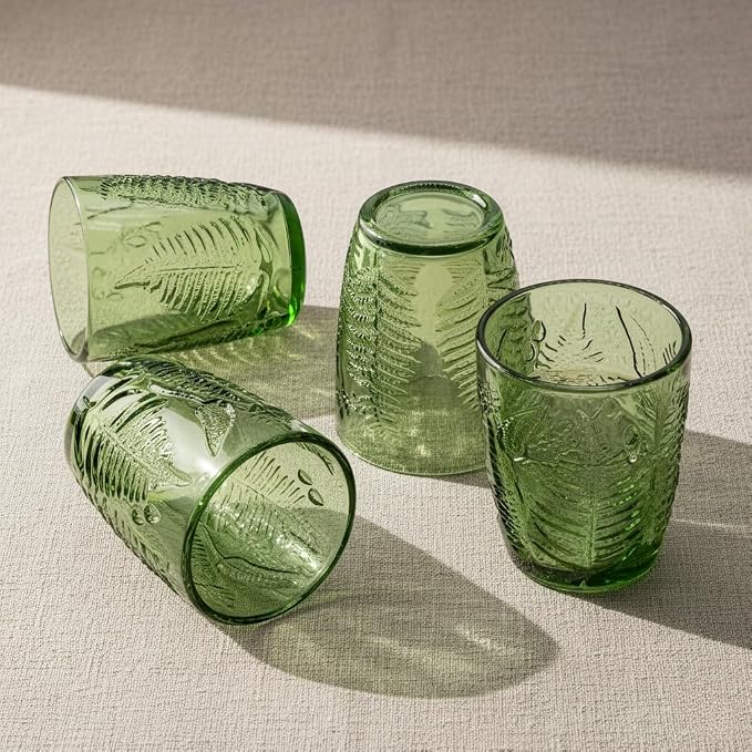Green Drinking Glasses Set of 4, 10 oz Glass Cups, Vintage Fern Glassware | Hand-Pressed, Dishwasher Safe, Boho Leaf-Textured Drinkware, Embossed Lowball Tumblers for Water, Retro Kitchen Gift