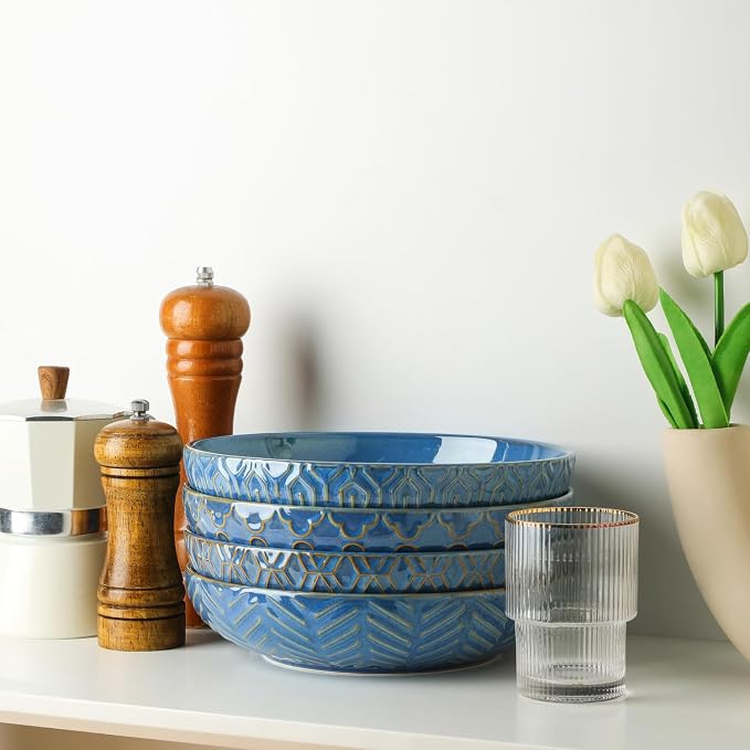 Sureasy Pasta Bowls Set of 4, 30oz Large Embossed Serving Bowl Plates, 8.5 Inch Wide and Shallow Plate Bowls, Microwave, Oven & Dishwasher Safe, Blue