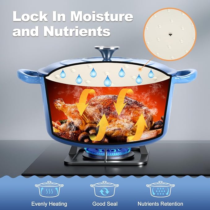 P&P CHEF 5QT Enameled Dutch Oven, Dutch Oven Pot for Bread Baking, Blue | 5 Quart Enameled Cast Iron Casserole Pot with Lid, for Roasting Braising Stewing Frying Simmering, Work on Various Stoves