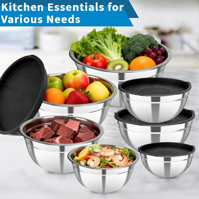 7 Pack Stainless Steel Mixing Bowls with Airtight Lids Set | 4.5qt, 4, 3.5, 2.1, 1.5, 1.1, 0.7QT, Nesting Design Metal Mixing Bowls Salad Bowl for Mixing, Prepping and Serving Food