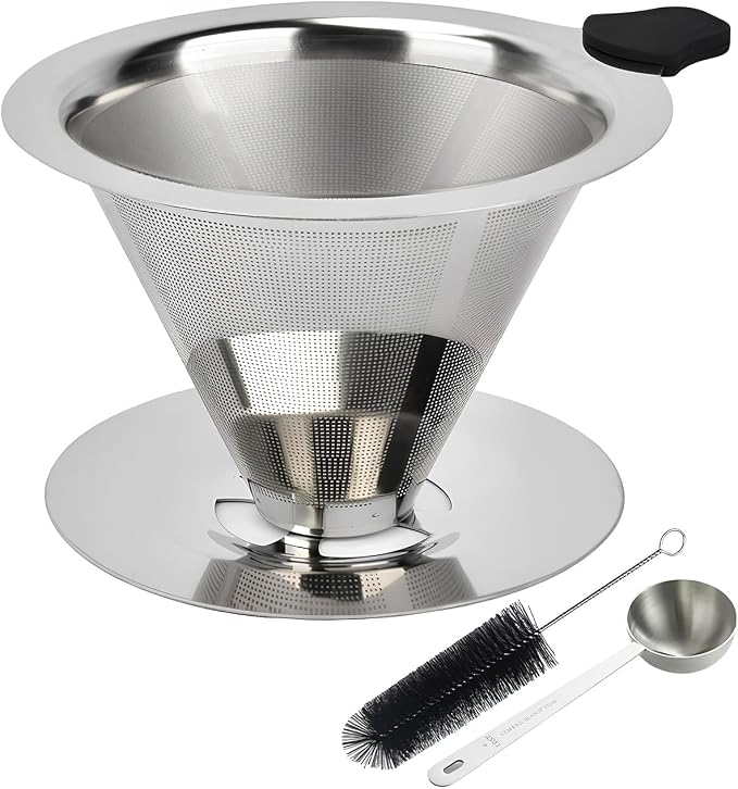 Pour Over Coffee Dripper, Reusable Cone Stainless Steel Coffee Filter, Double Layer Fine Mesh Paperless Coffee Maker with Coffee Spoon and Cleaning Brush for 2–3 Cups