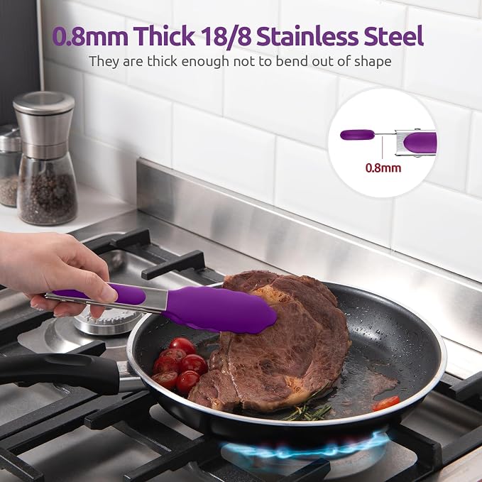 U-Taste Kitchen Tong for Cooking, 600ºF Heat-Resistant Tps, 7in/Purple | Small Mini Silicon Tongs for Serving Food, Short Salad Thong with Non Stick Rubber Tips & 18/8 Stainless Steel Handle