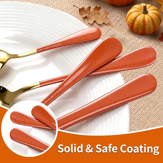 Orange Silverware Set with Holder for 6-24 Piece Stainless Steel Flatware Set with Spoons, Forks, Knives, Heavy Duty Mirror Polished Cutlery Set for Home, Kitchen, Restaurant (Orange-Gold)