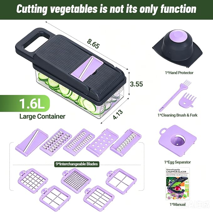 12-in-1 Vegetable Chopper 7 Blades, Veggie Cutter with Handle, Black/Purple | Stainless Steel Blades, Food Container and Lid, Dicer, Slicer, Julienne, Egg Separator, Non-slip Base, Include Cleaning Tools