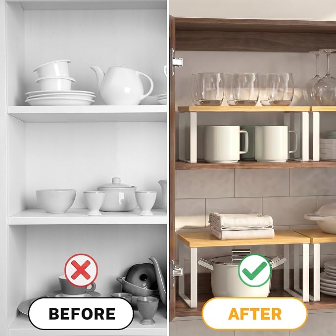 Kitchen Cabinet Organizer Shelf, Set of 4 Wood Kitchen Counter Shelves Riser with Metal Legs, Stackable Expandable Kitchen Storage Spice Rack, Can Cup Dish Organizer, Bamboo