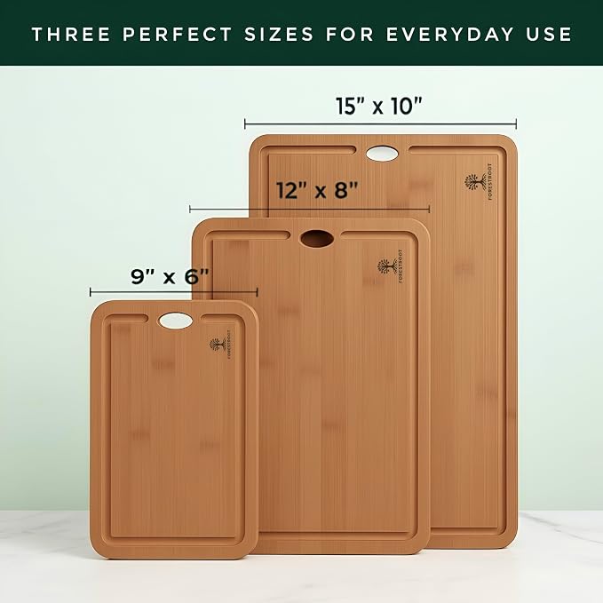 Bamboo Cutting Board Set for Kitchen, 3-Piece Reversible Carbonized Bamboo Chopping Boards with Juice Grooves & Hanging Holes, Butcher Block Board Set for Meat, Vegetables, Fruits & Cheese